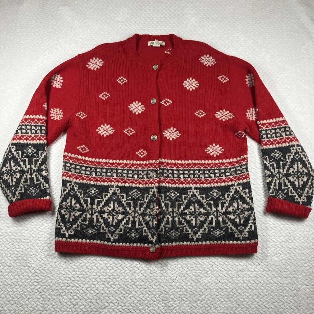Vtg Eddie Bauer Wool Alpaca Cardigan Sweater Women's XL Fair Isle 80s 90s‎